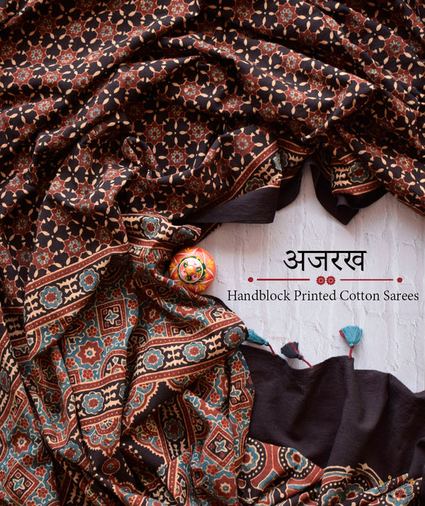 Ajrakh Cotton Handblock Printed Saree