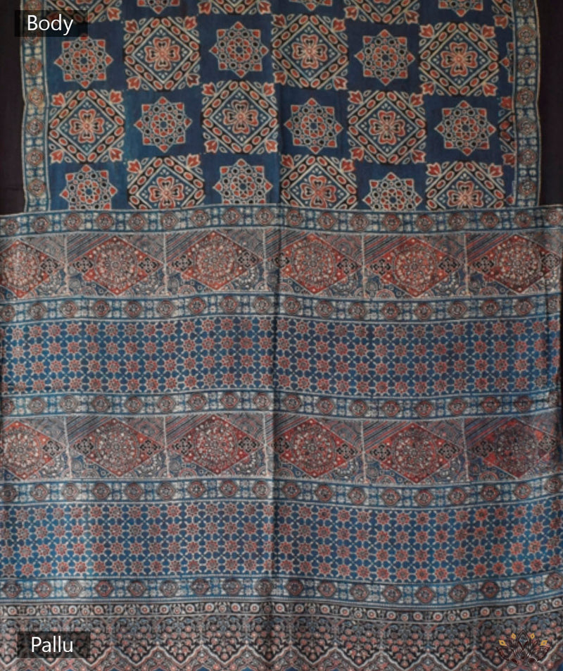 Ajrakh modal silk hand block printed saree