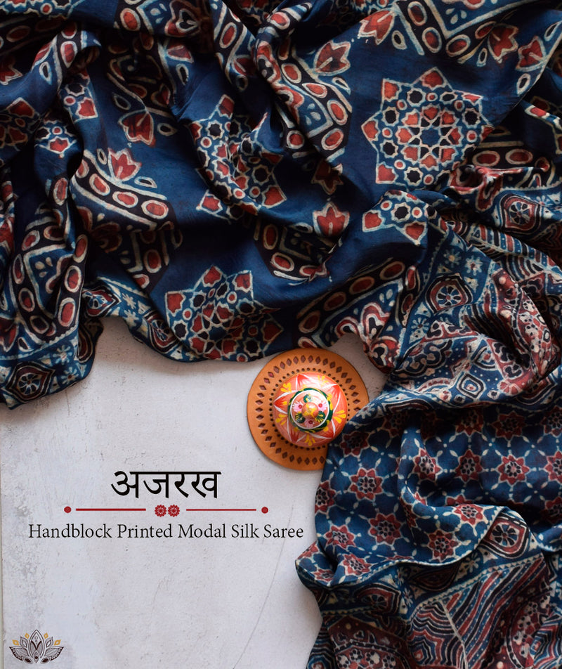 Ajrakh modal silk hand block printed saree