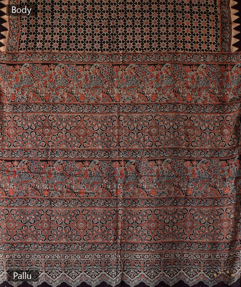 Ajrakh modal silk hand block printed saree