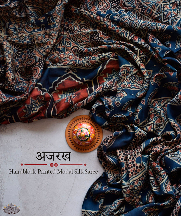 Ajrakh modal silk hand block printed saree