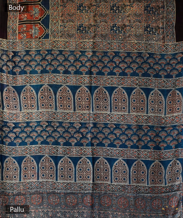 Ajrakh modal silk hand block printed saree