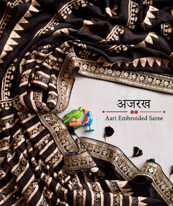 Ajrakh Embroidered Zari Silk Hand Block Printed Saree