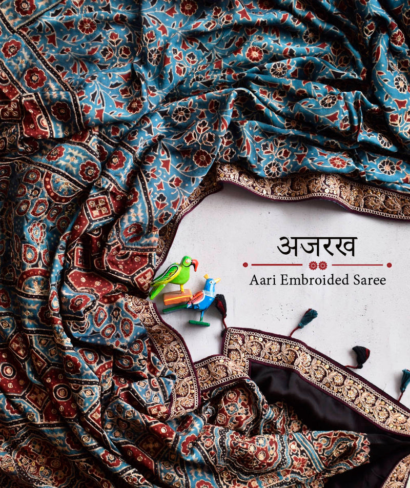 Ajrakh Embroidered Zari Silk Hand Block Printed Saree