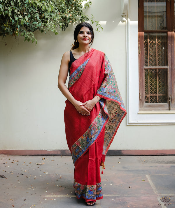 Madhubani Pure Tussar silk Hand Painted Saree