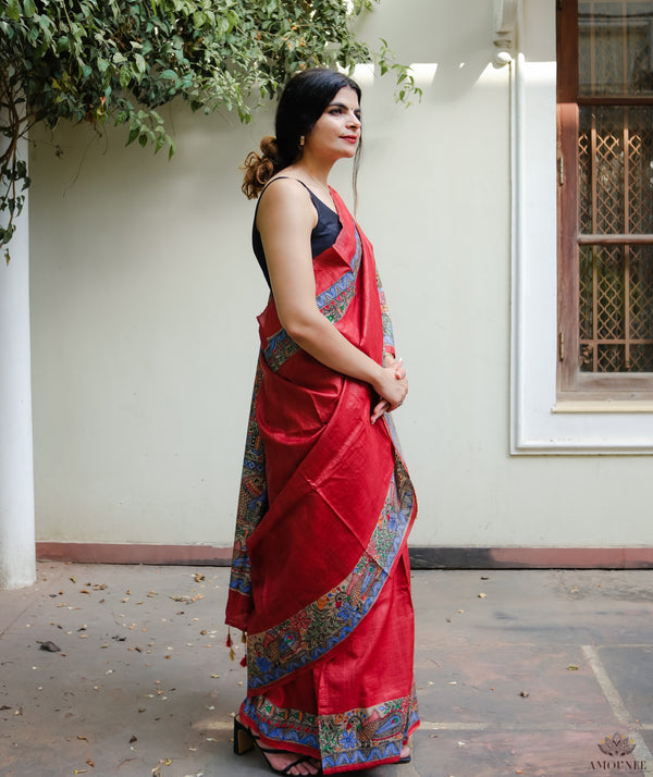 Madhubani Pure Tussar silk Hand Painted Saree