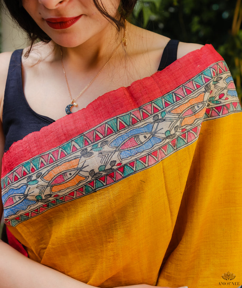 Madhubani Pure Tussar silk Hand Painted Saree