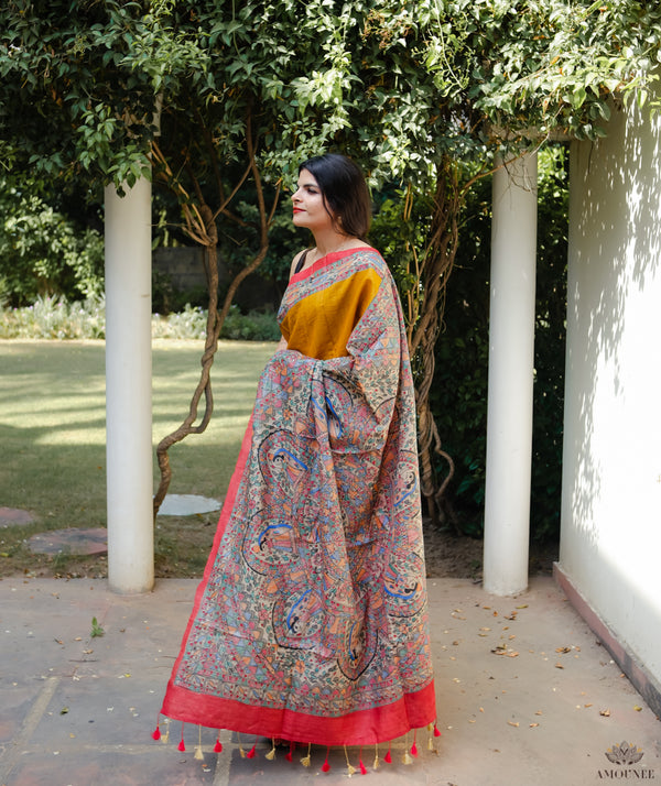 Madhubani Pure Tussar silk Hand Painted Saree