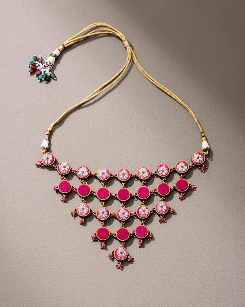 WHE Pink Pure Banarasi Upcycled Fabric and Repurposed Wood Adjustable Statement Necklace