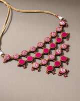 WHE Pink Pure Banarasi Upcycled Fabric and Repurposed Wood Adjustable Statement Necklace