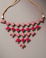 WHE Pink Pure Banarasi Upcycled Fabric and Repurposed Wood Adjustable Statement Necklace