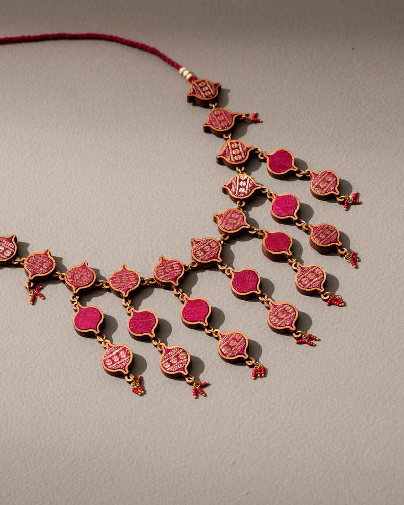 WHE Red and Gold Festive Multi Layered Upcycled Fabric and Repurposed Wood Necklace