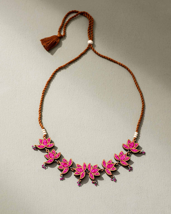 WHE Pink Pure Georgette Bandhani Upcycled Fabric and Repurposed Wood Statement Choker Lotus Necklace