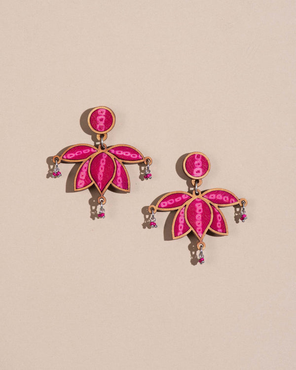 WHE Pink Pure Georgette Bandhani Upcycled Fabric and Repurposed Wood Statement Lotus Earrings