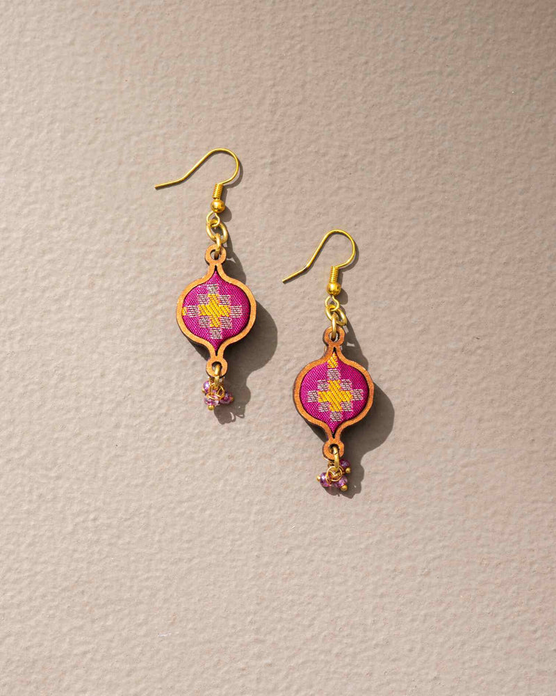 WHE Pink Festive Upcycled Fabric and Repurposed Wood Earrings