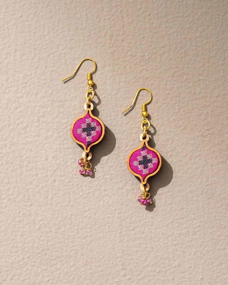 WHE Pink Festive Upcycled Fabric and Repurposed Wood Earrings