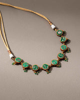 WHE Green Festive Pure Banarasi Brocade Fabric and Repurposed Wood Choker Necklace