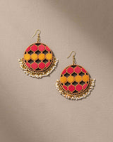 WHE Red Yellow Festive Upcycled Fabric and Repurposed Wood Statement Danglers