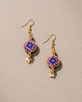 WHE Blue Brocade Festive Repurposed Fabric and Wood Earrings