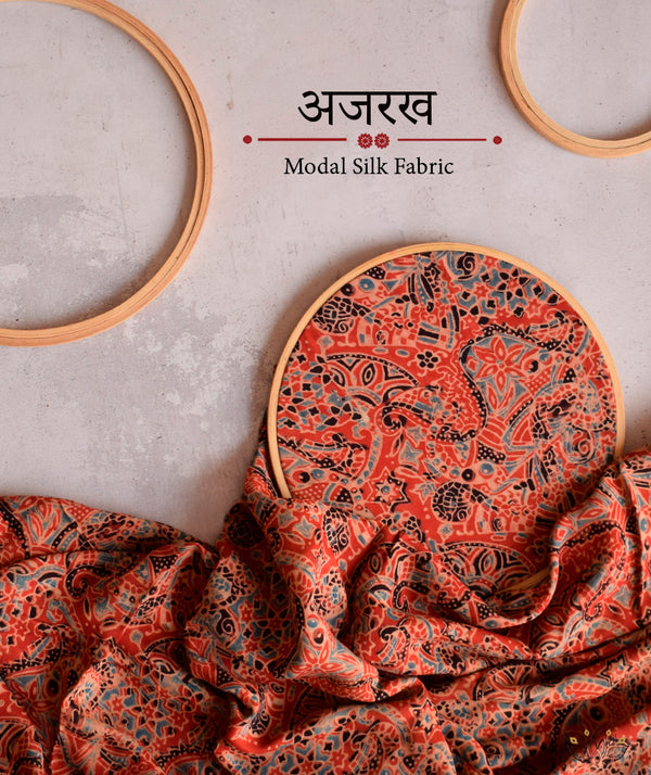 Ajrakh modal silk hand block printed yardage