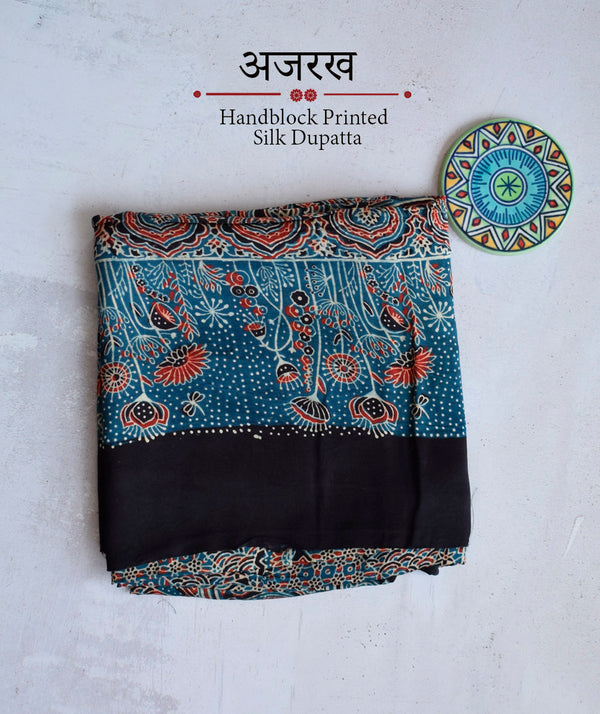 Ajrakh modal silk hand block printed dupatta