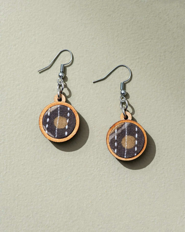 WHE Brown Fabric and Repurposed Wood Earrings