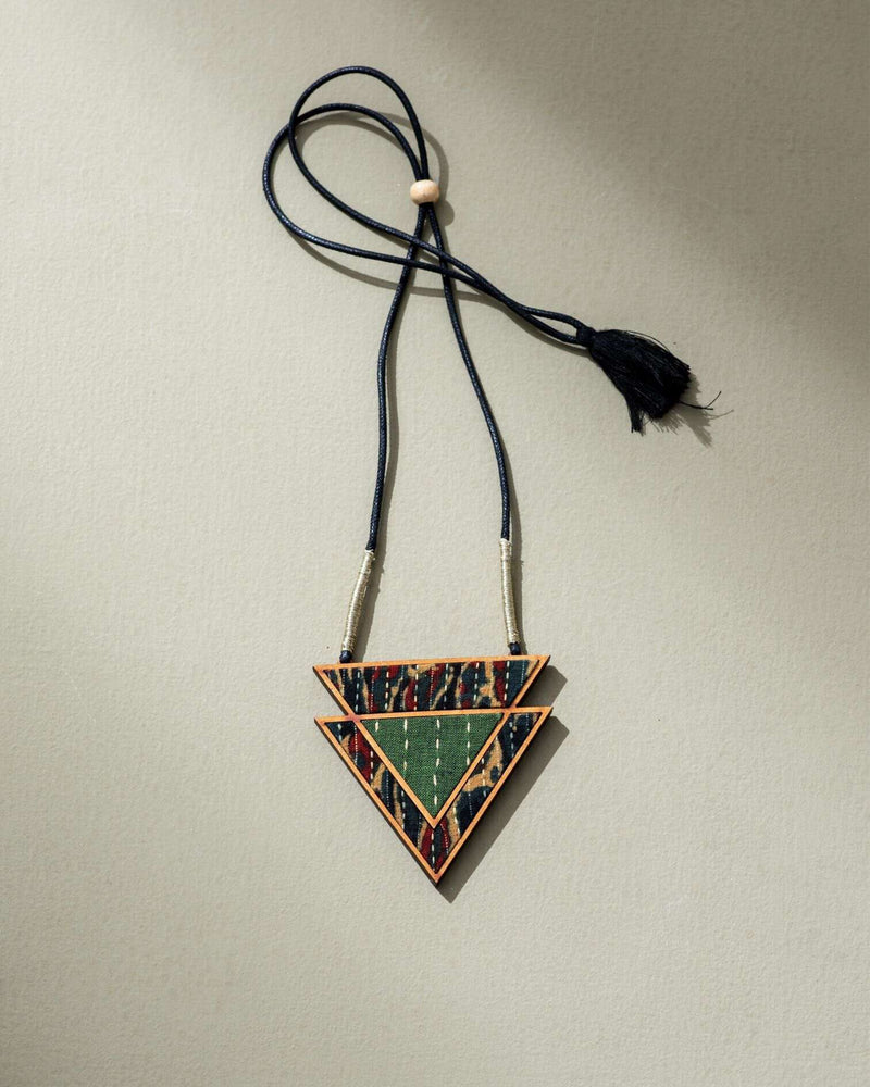 WHE Green Upcycled Fabric and Repurposed Wood Triangular Necklace