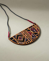 WHE Black Upcycled Ajrakh Fabric and Repurposed Wood Maze Necklace