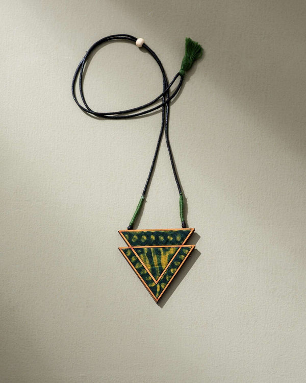 WHE Green Batik Triangular Adjustable Pendant made of Repurposed Fabric and Wood