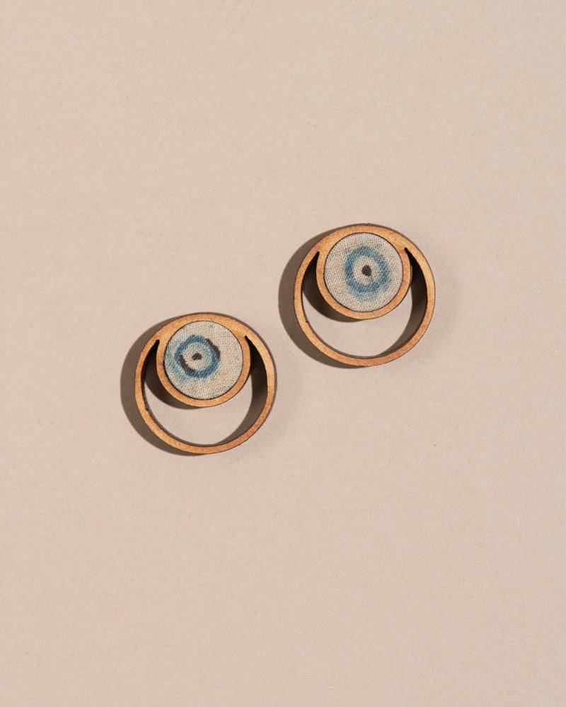 Whe Blue Beige Ajrakh Fabric and Repurposed Wood Stud Earrings