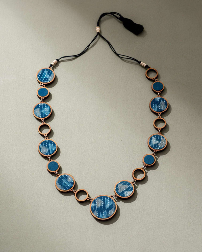 WHE Reversible 2-In-1 Blue Black Repurposed Fabric and Wood Necklace