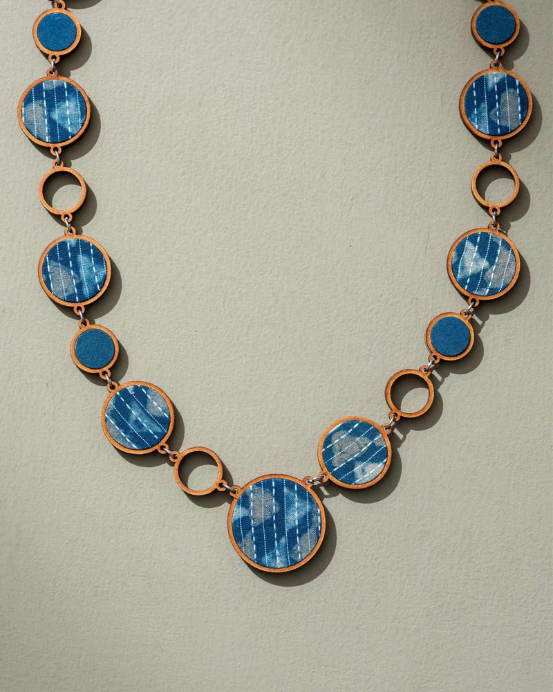 WHE Reversible 2-In-1 Blue Black Repurposed Fabric and Wood Necklace