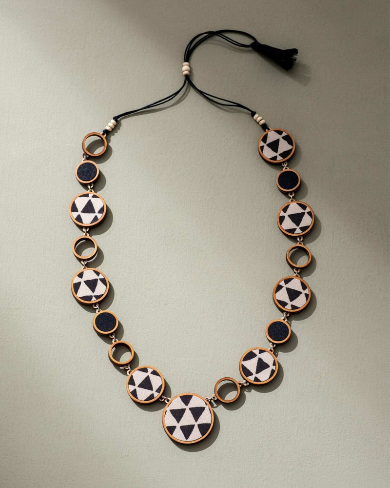 WHE Reversible 2-In-1 Blue Black Repurposed Fabric and Wood Necklace