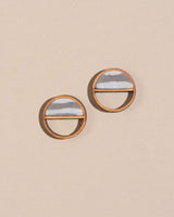 WHE Grey Line Repurposed Fabric and Wood Semi Circle Stud Earrings