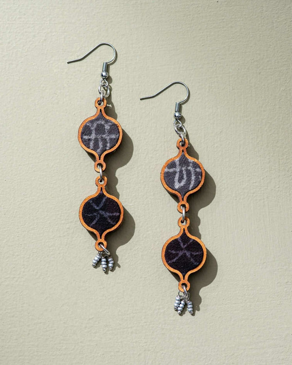 WHE Grey Tribal Motives Repurposed Fabric and Wood Earrings