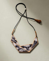 WHE Black and Beige Kalamkari Repurposed Fabric and Wood Connecting Triangle Adjustable Necklace