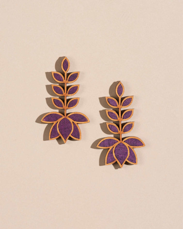 WHE Purple Leaf Motif Upcycled Fabric and Repurposed Wood Earrings