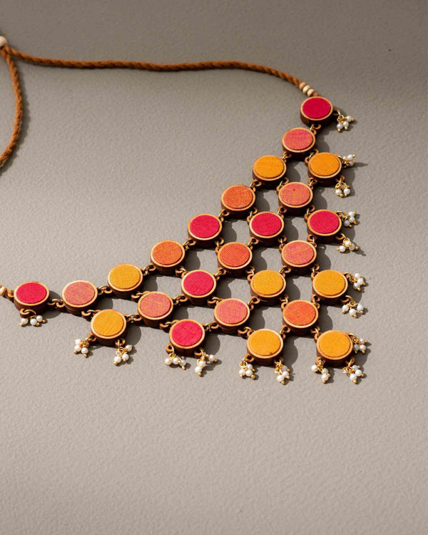 WHE Red and Orange Upcycled Fabric and Repurposed Wood Adjustable Statement Necklace