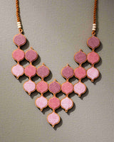 WHE Shades of Pink Repurposed Fabric and Wood Statement Necklace with Adjustable Length