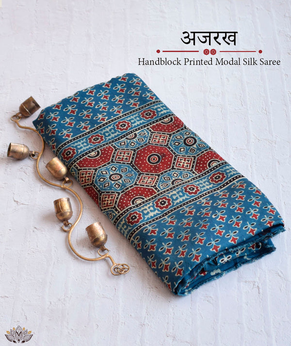 Ajrakh Modal Silk Hand Block Printed Saree