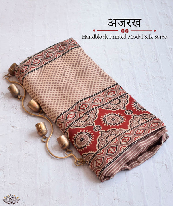 Ajrakh Modal Silk Hand Block Printed Saree