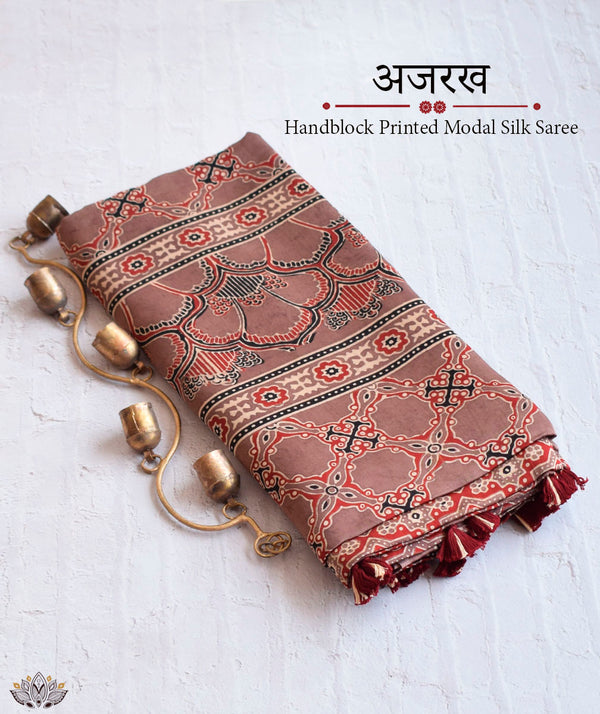 Ajrakh Modal Silk Hand Block Printed Saree