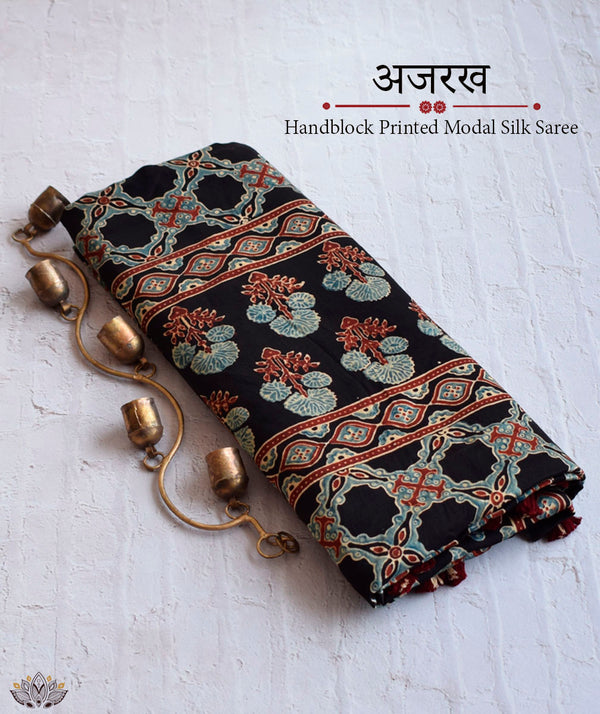Ajrakh Modal Silk Hand Block Printed Saree