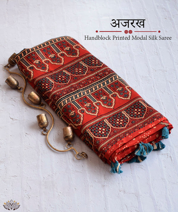 Ajrakh Modal Silk Hand Block Printed Saree