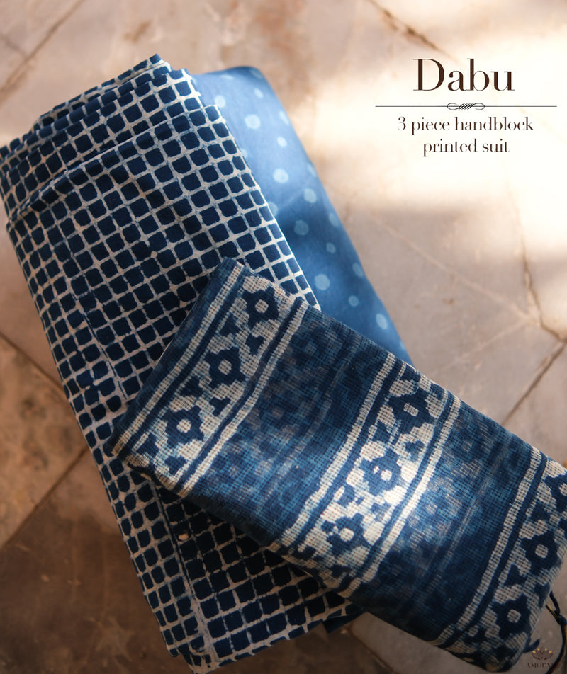 HANDBLOCK PRINTED DABU COTTON SUITS WITH KOTA DUPATTA