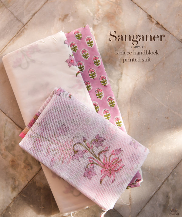 Exclusive Handblock Printed Sanganeer cotton Suits with Kota Dupatta