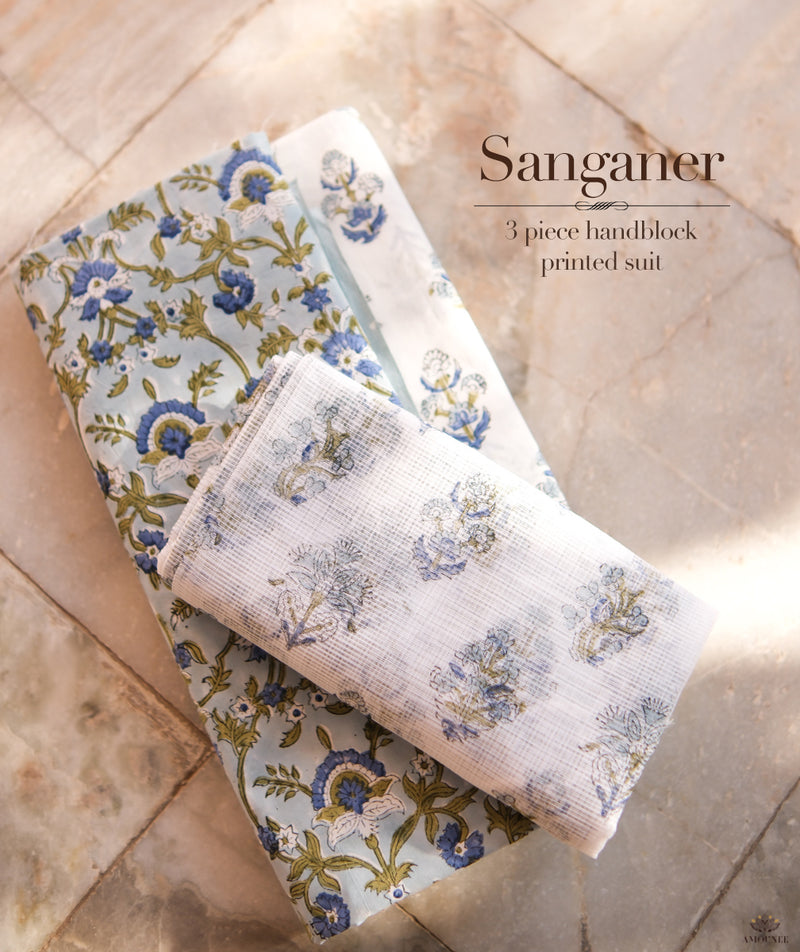 Exclusive Handblock Printed Sanganeer cotton Suits with Kota Dupatta