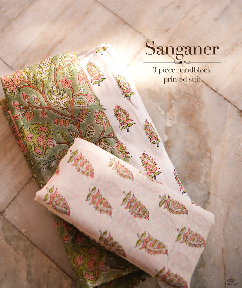 Exclusive Handblock Printed Sanganeer Chanderi Suit set