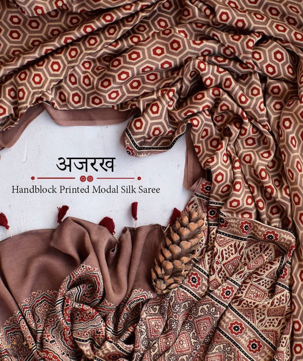 Ajrakh Modal Silk Hand Block Printed Saree