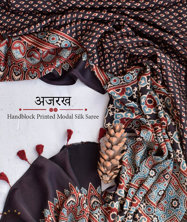 Ajrakh Modal Silk Hand Block Printed Saree